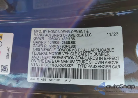 2024 Honda Accord Ex из США, поврежденный, VIN 1HGCY1F30RA018326